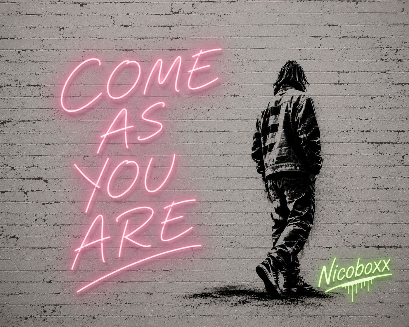 Come As You Are in pink neon lettering on a brick wall
